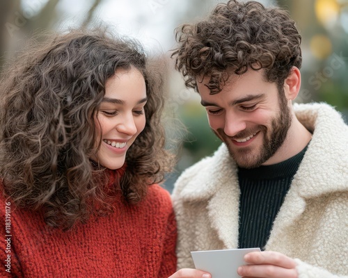 Couple exchanging plantable Valentine's cards in a serene garden, warm sunlight and eco-friendly details. photo