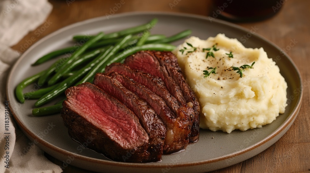 A juicy steak on a plate, with a side of creamy mashed potatoes and fresh green beans, ready to be enjoyed. A juicy steak on a plate, with a side of creamy mashed potatoes and fresh green beans, ready to be enjoyed.