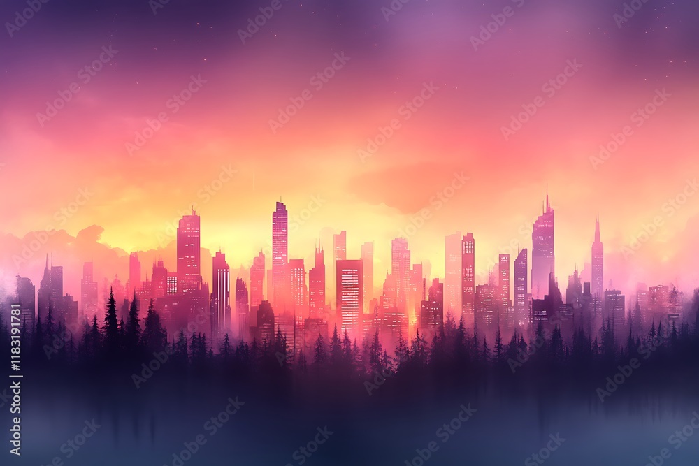 Fototapeta premium Sunset Cityscape, Urban Forest, Pink Sky - Vaporwave