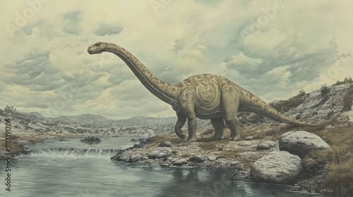 Prehistoric sauropod dinosaur by a river. photo