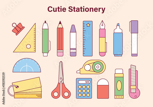 A collection of cute stationery. outline vector illustration.