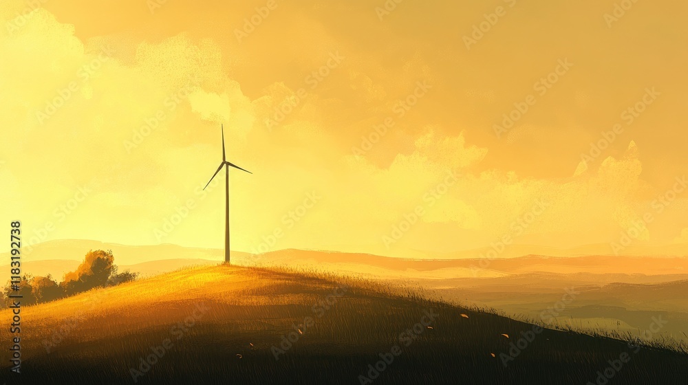 Fototapeta premium A lone wind turbine standing tall on a hill, with the surrounding landscape bathed in golden hour light.
