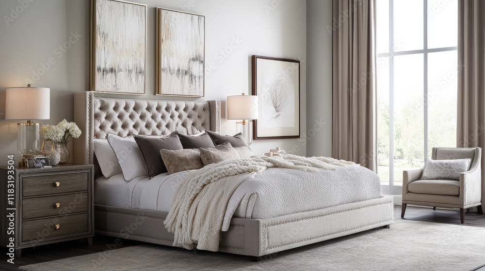 A luxurious bedroom suite with a soft color palette, plush bedding, and contemporary furniture pieces for a relaxing retreat. A luxurious bedroom suite with a soft color palette, plush bedding, and contemporary furniture pieces for a relaxing retreat.