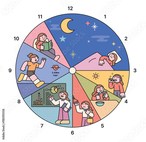 A person's daily routine is depicted in the pie chart. The schedule from morning to bedtime. outline character vector illustration.