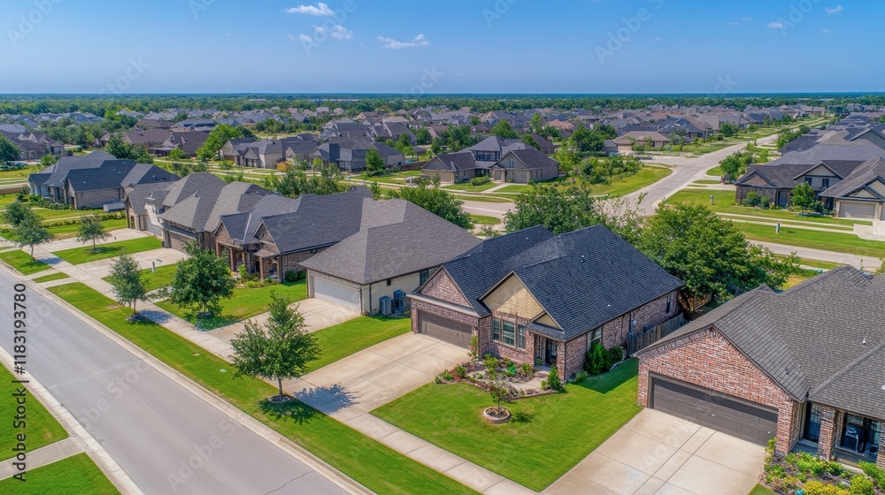 A picturesque suburban neighborhood featuring manicured lawns, tree-lined streets, and charming homes under the clear sky. A picturesque suburban neighborhood featuring manicured lawns, tree-lined streets, and charming homes under the clear sky.