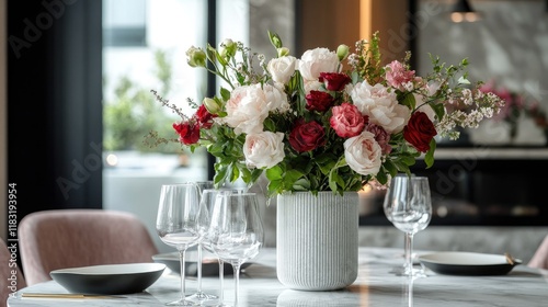 A marble dining table in a contemporary dining room, featuring a vase with fresh flowers and a chic table setting.
