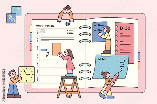 Cute people are spreading out giant diaries and making plans. They are sticking notes and managing their to-dos. outline character vector illustration.