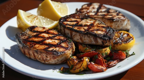 A plate of grilled swordfish steaks served with lemon wedges and roasted vegetables.