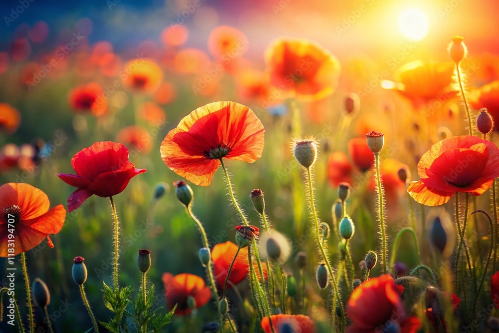 Fototapeta premium Miniature 3D Poppies in a Sunlit Meadow: Tilt-Shift Landscape Photography