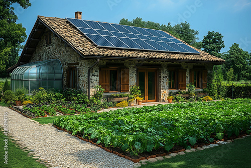 Charming stone house with solar panels surrounded by lush gardens and greenery in a sunny countryside setting photo