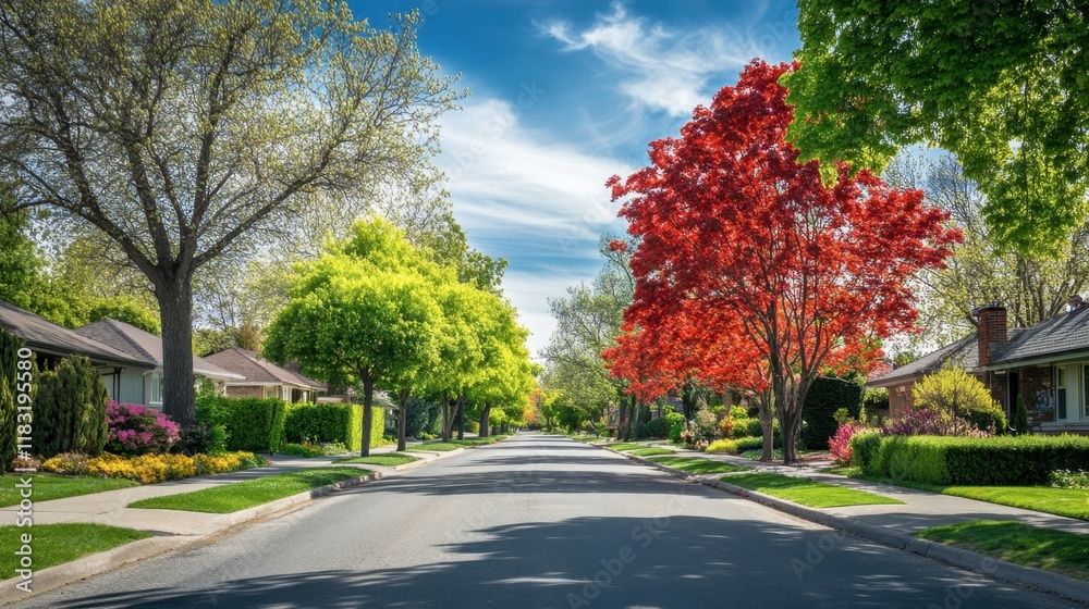 A quiet suburban street, showcasing neatly trimmed hedges, colorful gardens, and tall trees under a sunny sky. A quiet suburban street, showcasing neatly trimmed hedges, colorful gardens, and tall trees under a sunny sky.