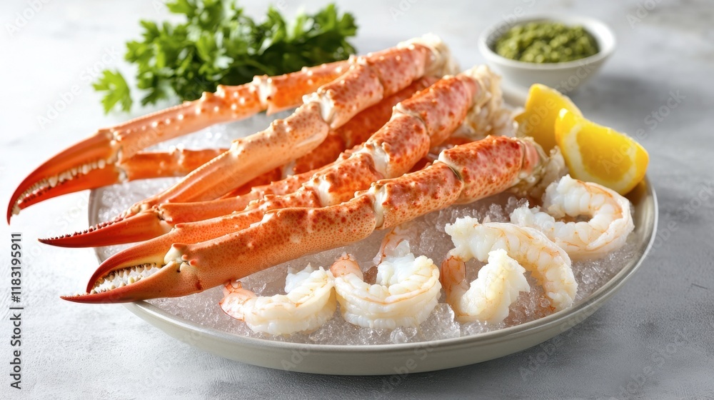 A raw seafood display with king crab legs, shrimp, and lobster tails on ice. A raw seafood display with king crab legs, shrimp, and lobster tails on ice.