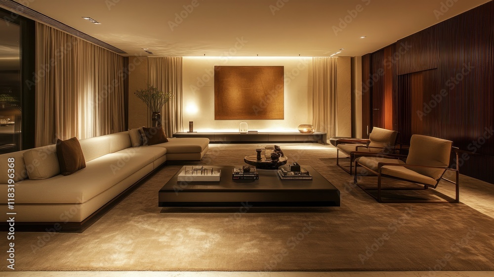 Fototapeta premium A minimalist living room with sleek furniture, neutral tones, and a clean, uncluttered design.