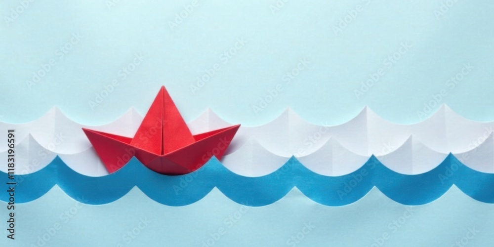 Naklejka premium A Red Paper Boat Navigating Paper Waves on a Blue Background