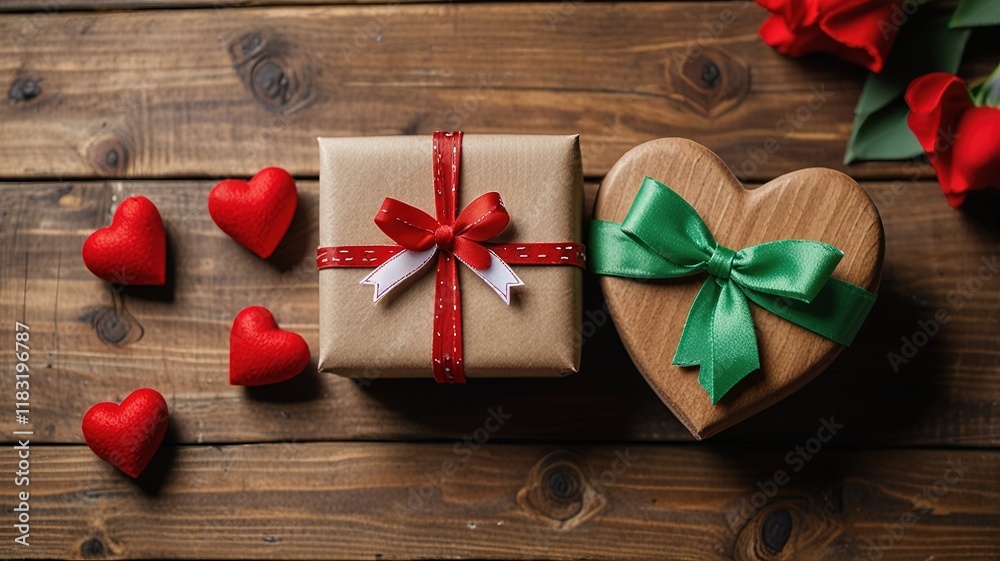 Valentine's Day. heart felt and decor on wooden background Valentine's Day. heart felt and decor on wooden background