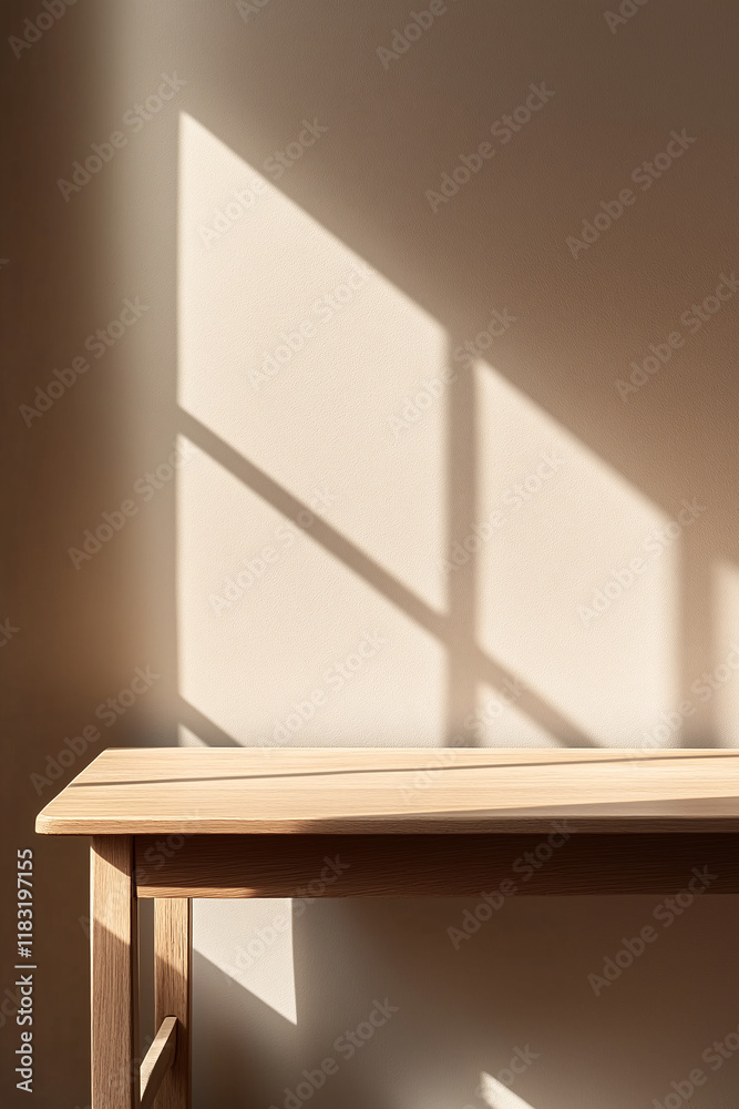 Fototapeta premium oak table with shadow from window, creating warm and inviting atmosphere in minimalist beige color wall room