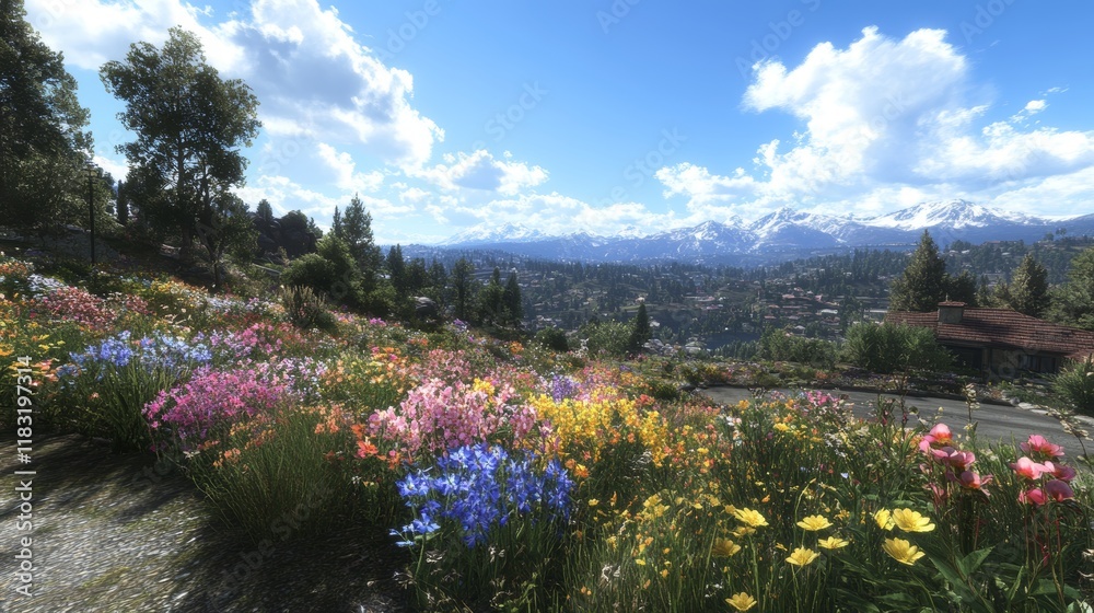 Obraz premium Vibrant Wildflower Meadow Mountain View Home