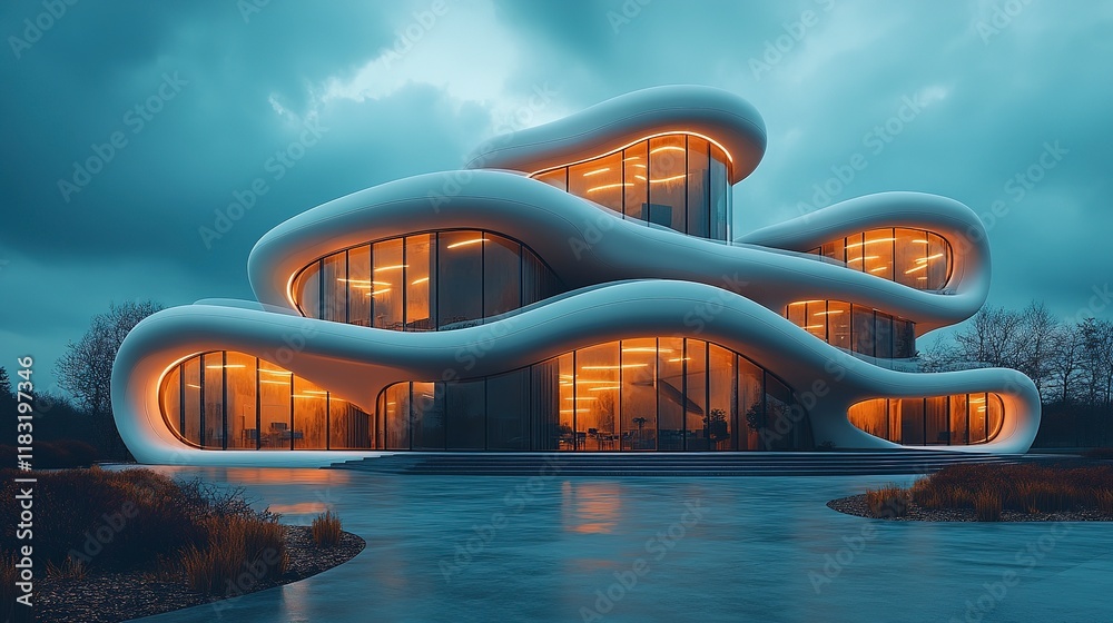 Modern Curvilinear Building Illuminated at Dusk Modern Curvilinear Building Illuminated at Dusk