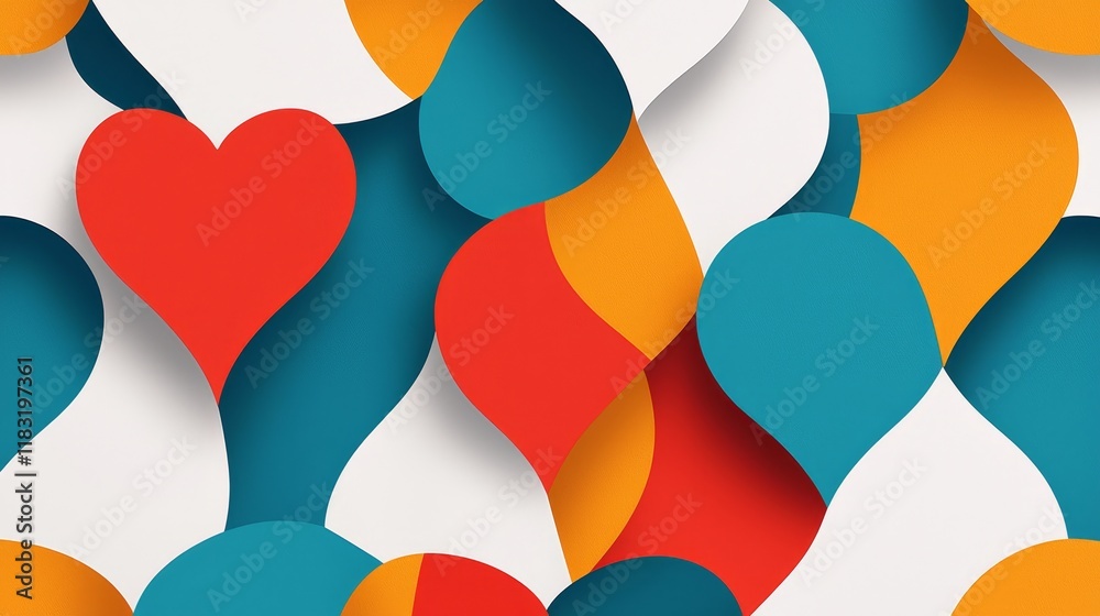Obraz premium Valentine LGBTQ couples kiss concept. Colorful abstract shapes with a heart motif in a playful design.