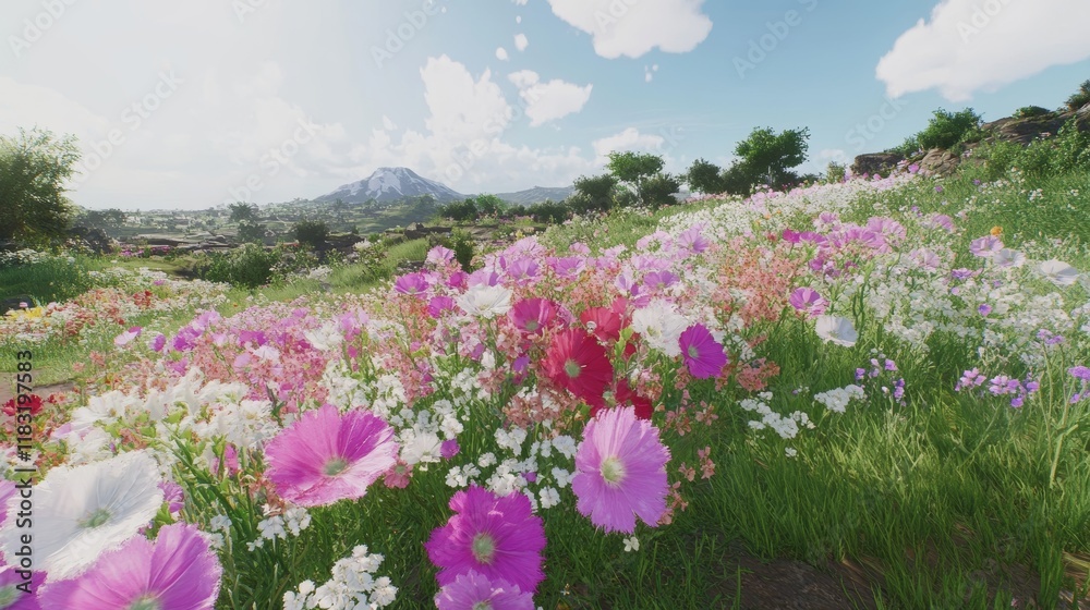Vibrant Wildflower Meadow with Distant Mountain View Vibrant Wildflower Meadow with Distant Mountain View