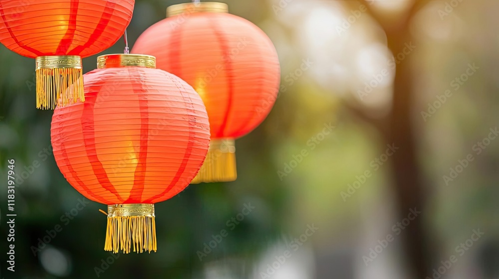 Obraz premium Chinese new year festival idea. Vibrant red lanterns illuminating the serene surroundings of a cultural celebration.