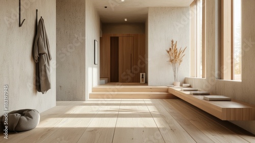 A minimalist Nordic entryway with wooden floors, clean lines, and simple storage solutions.