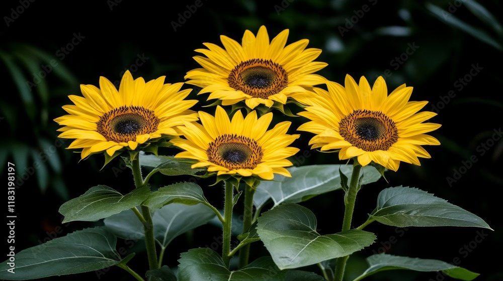 Obraz premium Vibrant Yellow Sunflowers in Dark Garden Setting