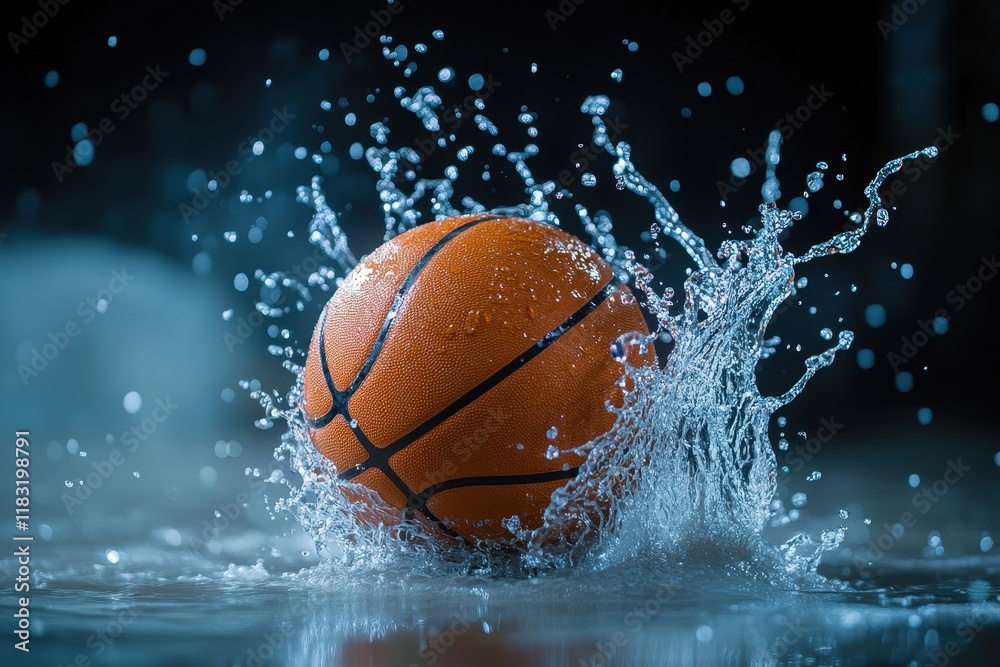Basketball splashes into water creating dynamic droplets in an indoor setting Basketball splashes into water creating dynamic droplets in an indoor setting