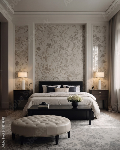 Designer bedroom with sleek black and white design expansive windows and modern luxury furniture for comfort Contemporary Interior Design Inspiration