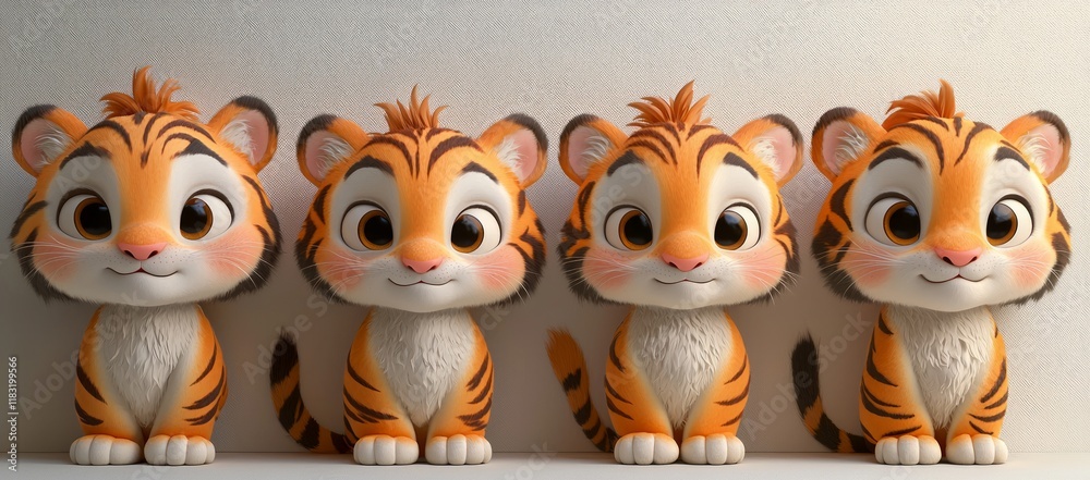 Fototapeta premium Four adorable cartoon tiger cubs sitting in a row.