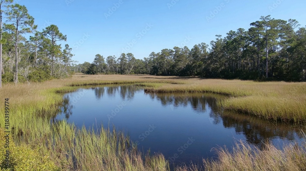 A serene marshland with sparse reeds and a still, reflective water surface. A serene marshland with sparse reeds and a still, reflective water surface.