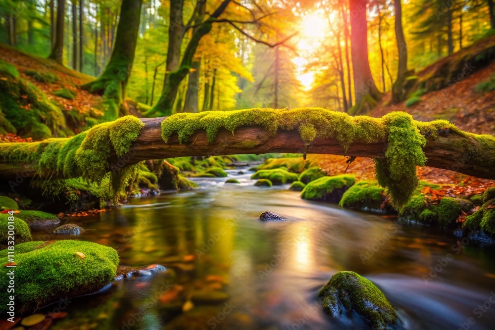 Miniature Fallen Tree Bridge, Whimsical Nature Scene, Tilt-Shift Photography Miniature Fallen Tree Bridge, Whimsical Nature Scene, Tilt-Shift Photography