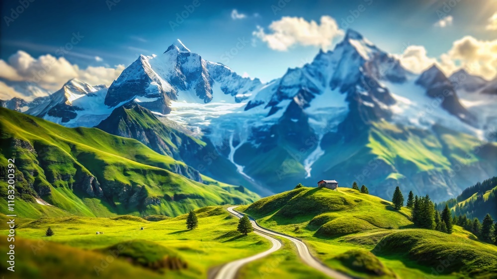 Fototapeta premium Miniature Fellhorn Mountain Panorama: Breathtaking Alpine Scenery with Tilt-Shift Effect