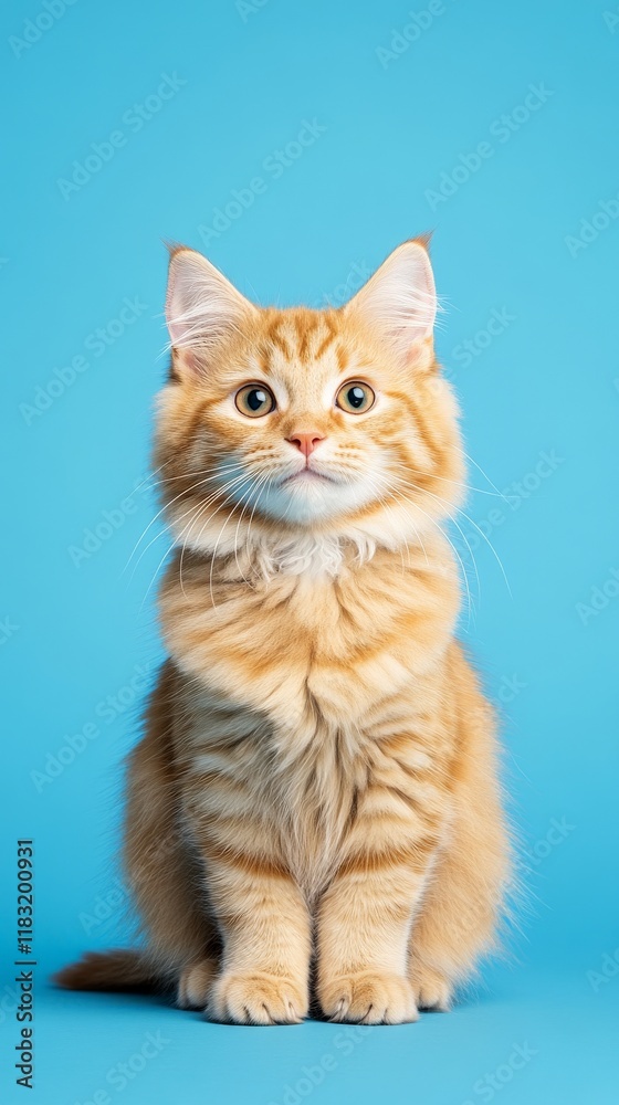 Ginger Kitten on Blue: Adorable ginger kitten sitting on a vibrant blue background, looking up with curious, expressive eyes. A captivating image perfect for pet-related projects. Ginger Kitten on Blue: Adorable ginger kitten sitting on a vibrant blue background, looking up with curious, expressive eyes. A captivating image perfect for pet-related projects.