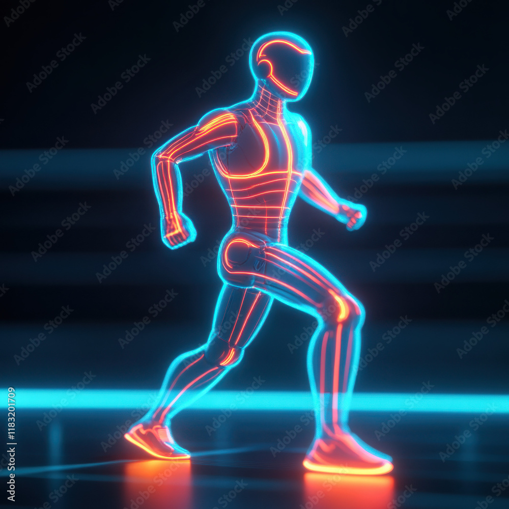 Obraz premium Futuristic neon runner in motion showcasing advanced tech design.