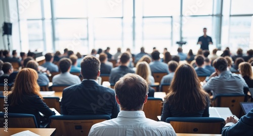 Audience with blurred speaker giving presentation in bright university workshop lecture hall background. Scientific conference presentation event, training, meeting