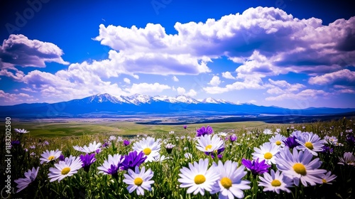 Wildflower Meadow Beneath Majestic Mountain Range