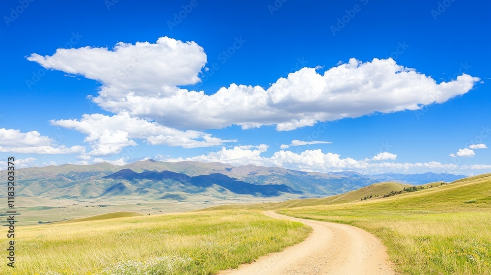 Fototapeta premium Winding Dirt Road Through Sunny Mountain Valley