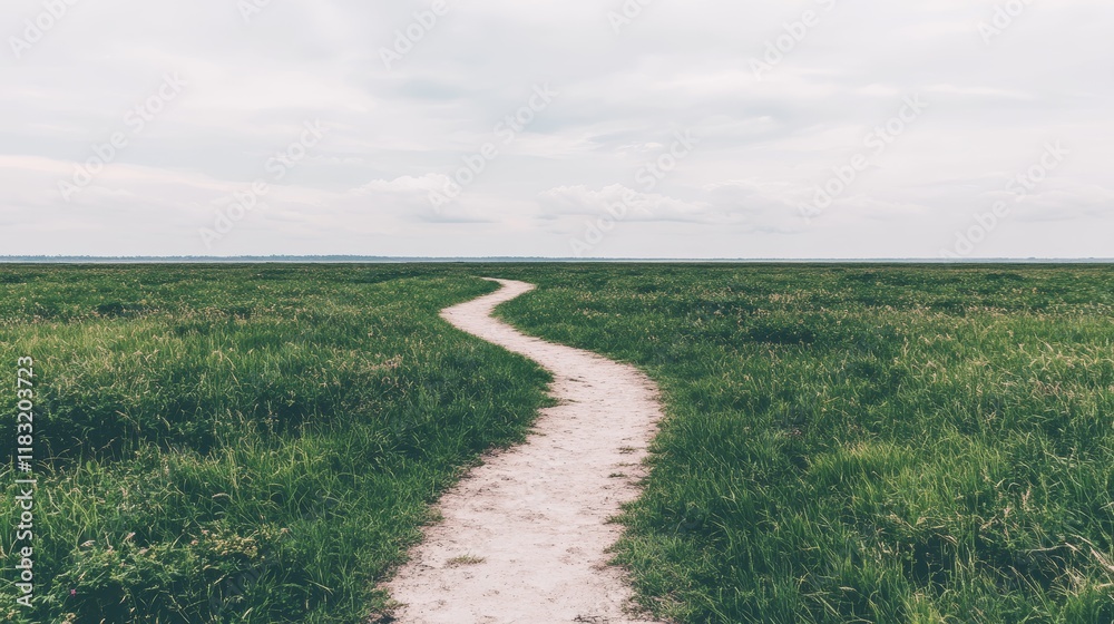 Fototapeta premium Winding Path Through Serene Grassland Towards Horizon