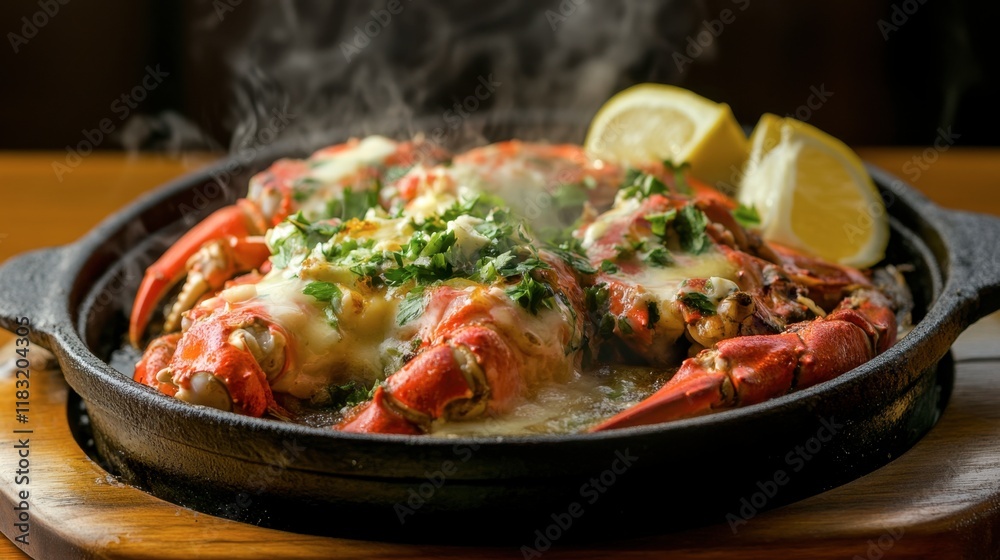A steaming platter of crab legs served with melted butter and lemon wedges on the side. A steaming platter of crab legs served with melted butter and lemon wedges on the side.
