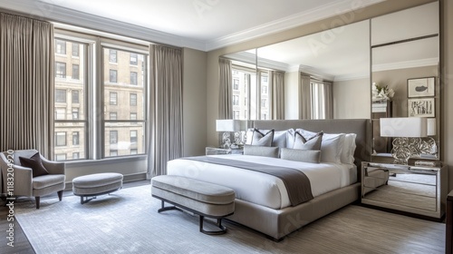 A sleek luxury bedroom with a minimalist design, a king-sized bed, mirrored furniture, and high-end decor.