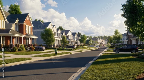 A sunny day in a suburban area showcasing large houses, green lawns, and friendly street designs.