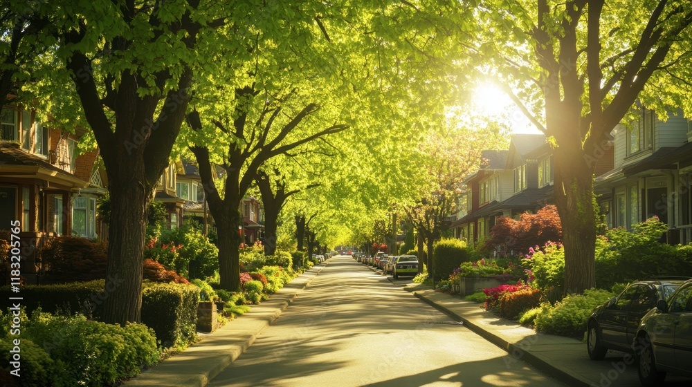 Obraz premium A sunny street in suburbia with rows of houses, colorful front gardens, and green trees forming a perfect canopy.