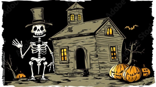 Skeleton greets visitor at old spooky house at night with pumpkins. photo