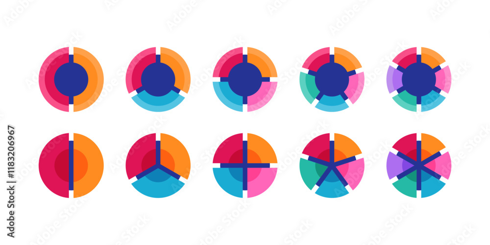 Pie chart set. Colorful diagram collection with 2,3,4,5,6 sections or steps. Circle icons for infographic, UI, web design, business presentation. Vector illustration. Pie chart set. Colorful diagram collection with 2,3,4,5,6 sections or steps. Circle icons for infographic, UI, web design, business presentation. Vector illustration.