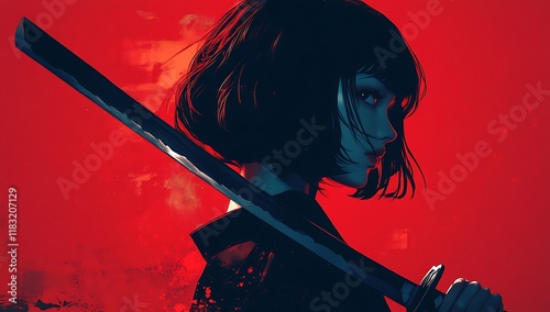 Anime-style portrait of a girl with short black hair holding a katana sword, set against a red background with muted retro colors and a cinematic film grain effect photo