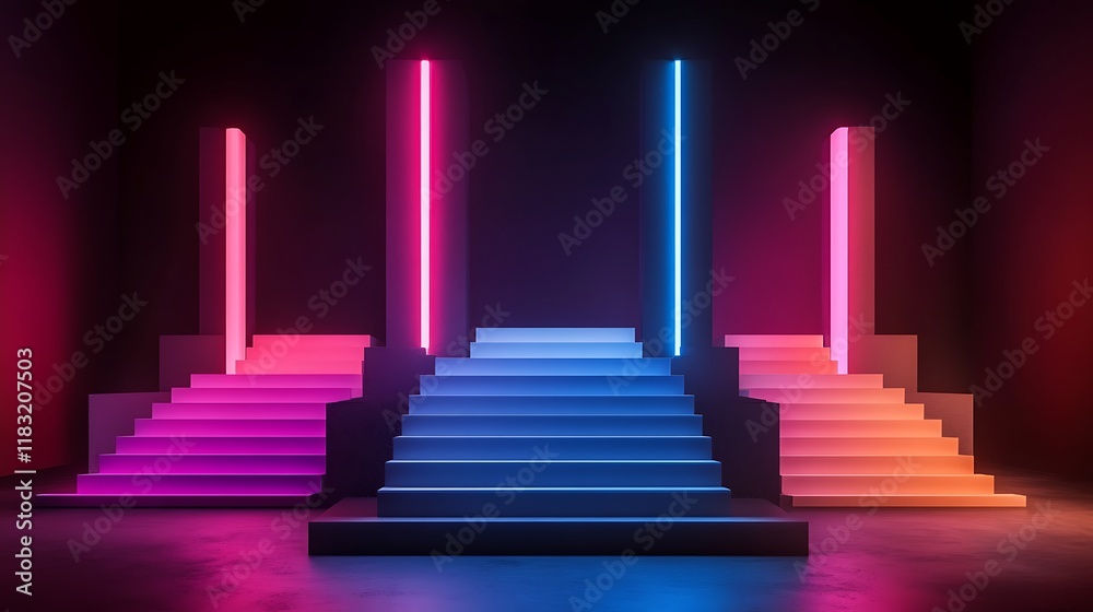 Neon Lit Steps A Modern Abstract Display Neon Lit Steps A Modern Abstract Display