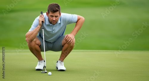 Professional male golfer crouching and analyzing the green before taking a shot.