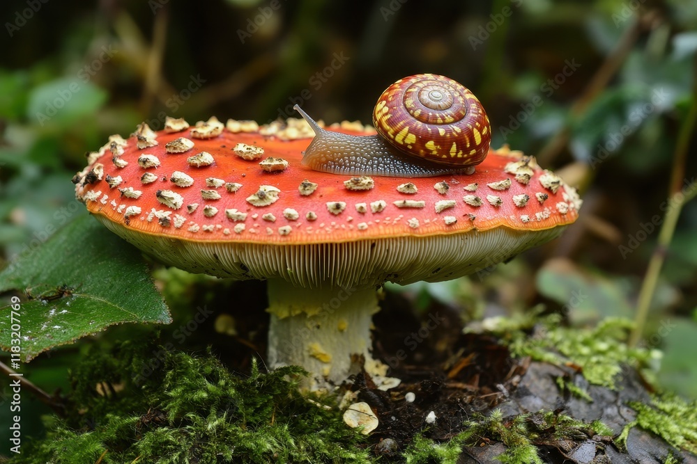 Fototapeta premium Snail resting on vibrant red mushroom in a lush forest setting during daytime