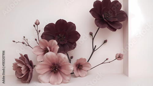 muted tones of dusty pink and dark purple surreal combination with minimalist compositions, evoking a sense of calmness, artistic installations, simple bare minimalist style 3d compositions, wedding t photo